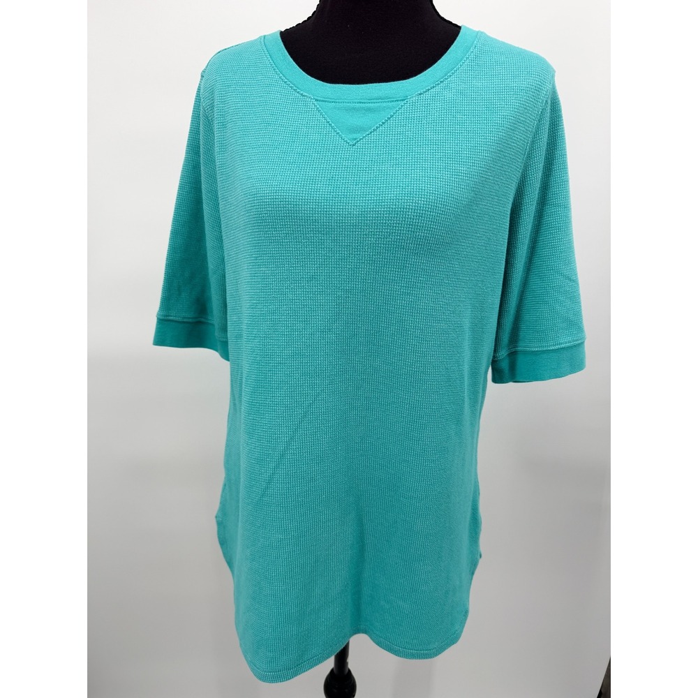Duluth Trading Co Waffle Knit Top Women L Teal Excellent Short Sleeve Textured